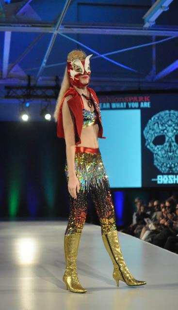 A model wears a piece from Gosha's "Los Luchas" at fashionSPARK on Sept. 16 at CAM Raleigh. The collection was inspired by a team of wrestlers and the designer's love of Lucha Libre Mexican wrestling. The pieces take the viewer from the runway to the wrestling ring.