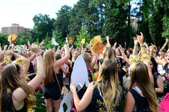 Chi Omega sorority celebrate and sing their sorority's song on Bid Day on Stafford Commmons on September 14.