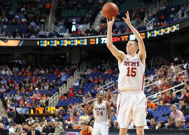 Then-senior forward Scott Wood shoots a three-pointer during the ACC Tournament first round game against Virginia Tech March 14, 2013. Wood had 13 points in the Wolfpack's 80-63 win against the Hokies at the Greensboro Coliseum.&#160;