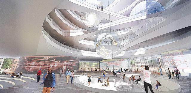 Suggested future plans for the space left by Harrelson Hall include the Science Crossroads, a multi-floor structure with an atrium and interactive screens.&#160; &#160;