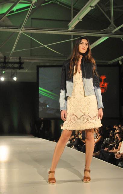 A model wears a look by Forest Tomlin and Eric Barnes at fashionSPARK on Sept. 16 at CAM as a part of SPARKcon. The collection features ornate lace and unique itajime shibori dyeing on denim.