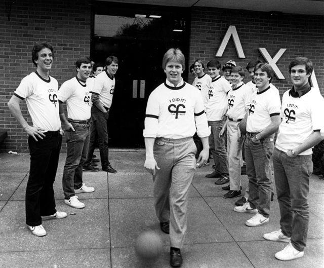 Circa 1978: Lambda Chi brothers sport shirts that say, "I did it!"