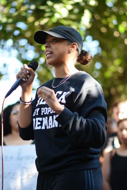 Cindi Ford, senior studying psychology, speaks during the NC State Blackout event. Students gathered in Wolf Plaza on Sept. 23 to listen to speakers and bring awareness to the recent events that took place in both Charlotte and Tulsa. "I can tell you the day my people became free in this country. It was in 1862. We&#8217;ve been free for over 150 years. Has there ever been a time where white people could calculate how long they&#8217;ve been free? No,&#8221; said Ford.
