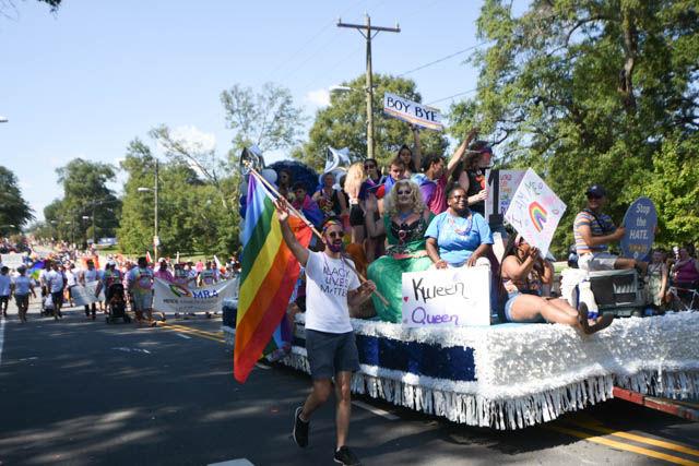 Decorated floats went down East Campus at Duke University for the Pride Parade on Saturday. Participants wore rainbows, held signs in support of love for all people and supported the Black Lives Matter movement.