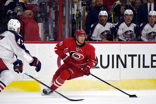 Center Victor Rask scans for an open pass during the Hurricanes' game against the Columbus Blue Jackets April 2 at PNC Arena. The Hurricanes fell to the Blue Jackets 5-1, thus eliminating the Hurricanes' playoff chances for the seventh-consecutive season.