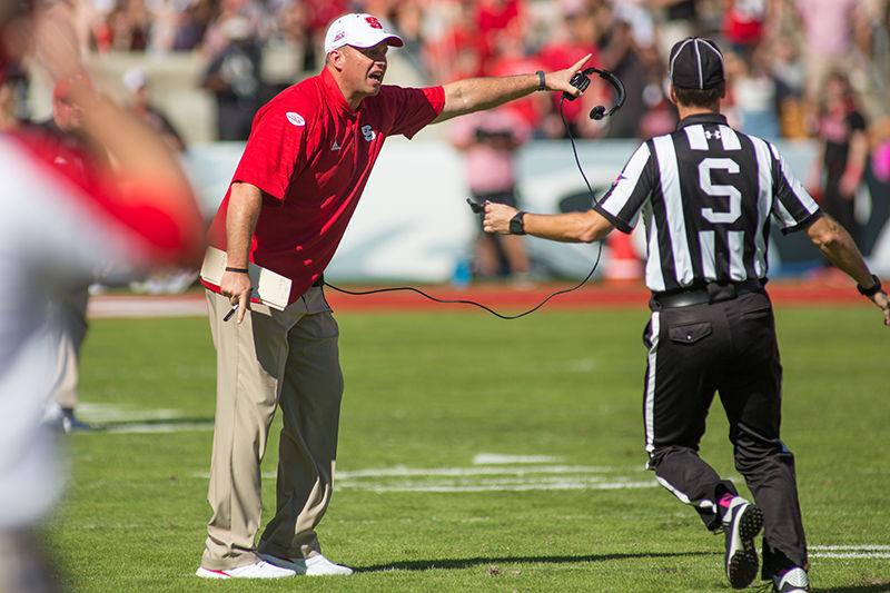 Head coach Dave Doeren questions the refs on an intentional grounding, which was eventually called during the 21-14 homecoming loss to Boston College on Saturday in Carter-Finley Stadium.