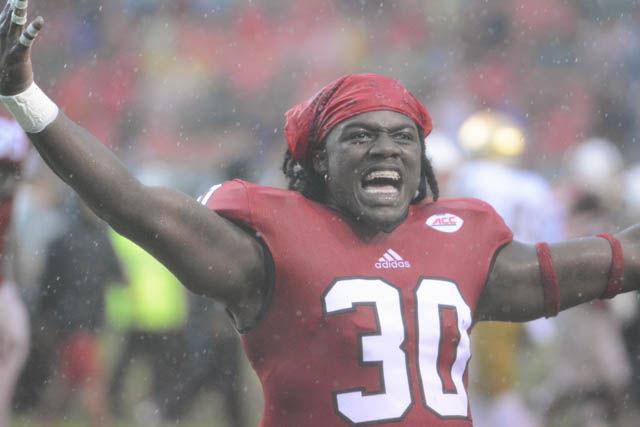 The Wolfpack celebrate after a hard fought victory against Notre Dame on Oct. 8 at Carter-Finley Stadium. The team outplayed the Fighting Irish in almost every statistic. The final score was 10-3.