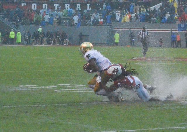 Senior nickelback Dravious Wright tackles the Notre Dame ballcarrier during the Wolfpack's game against the Fighting Irish on Oct. 8. NC State won 10-3 in a tough game played during Hurricane Matthew, in which NC State held Notre Dame to 113 total yards.