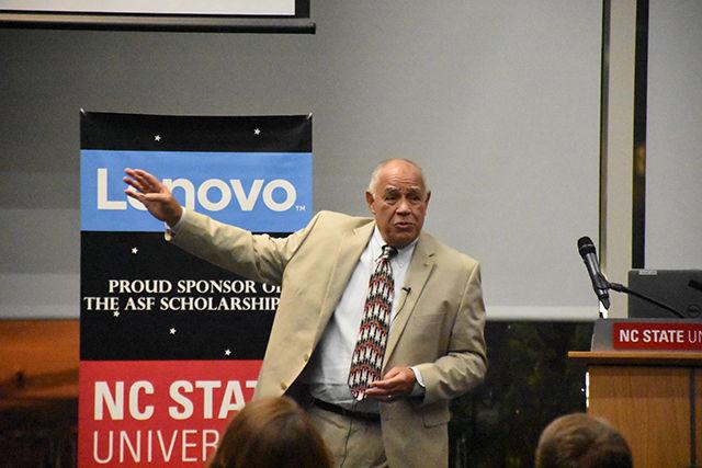 Astronaut Fred Gregory speaks at Hunt Library on Wednesday. Gregory came to NC State on behalf of the Astronaut Scholarship Foundation to present an award to Samuel Jasper, a senior studying textile and chemical engineering. Gregory explored space aboard the Orbiter Discovery in 1989.