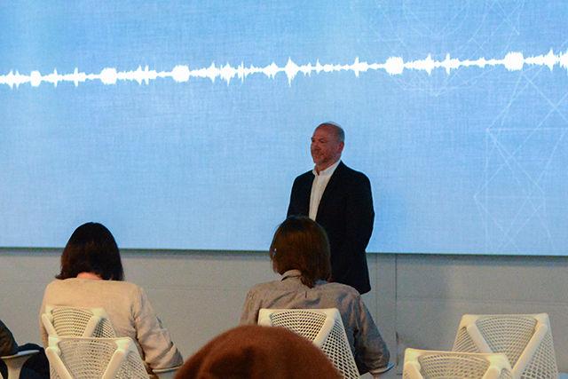 Mark Evans, a graduate student studying art and design at NC State's College of Design, answers questions after presenting his "Sound of September" experience. The project is an auditory experience relying only on sound to tell his personal experience of the events of 9/11. The project showing and presentation took place at the Hunt Library Teaching and Visualization Lab on Thursday.