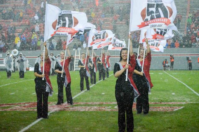The NC State Color Guard braves the elements during the football game against Notre Dame on Oct. 8. Even with Hurricane Matthew passing through the Triangle, the game played on. This game was the 50th anniversary of the first game played in Carter-Finley Stadium.