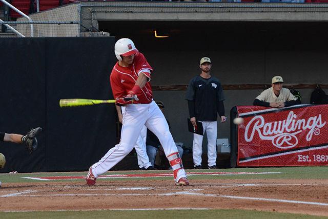 Sophomore infielder Evan Mendoza tips off a foul ball. Mendoza was at-bat four times during the game, bringing in one hit and one run. The NC State baseball team beat Wake Forest, 6-1, at Doak Field at Dail Park on April 11.