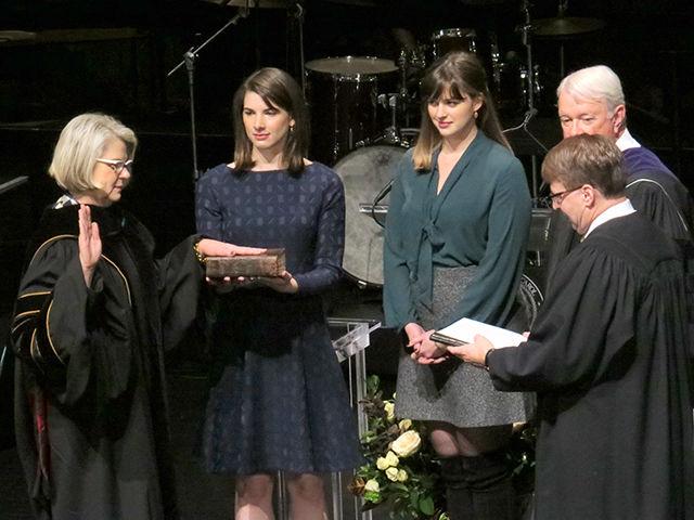 UNC System President Margaret Spellings takes oath at her inauguration Thursday morning. Spellings took office in March following the forced exit of Tom Ross.