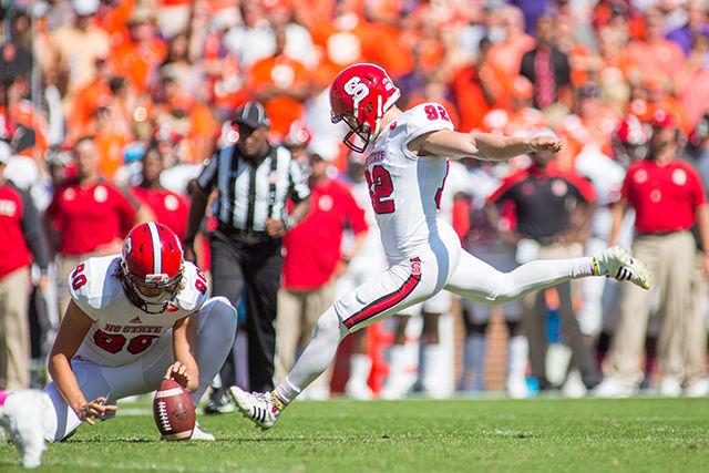 Sophomore place kicker Kyle Bambard lines up to kick a 43-yard field goal during the first drive of the day but bounced the kick off the right upright. Bambard had a rough day kicking, missing three, two to the right and one blocked. The Wolfpack's missed 33-yard field goal could have sealed the deal, but Clemson took the lead in overtime to win 24-17 at Death Valley in Clemson, South Carolina on Saturday.