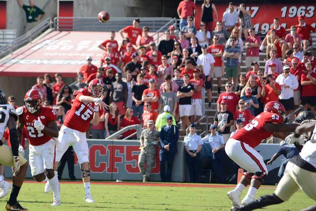 Redshirt sophomore Ryan Finley throws a pass during the game against Wake Forest in Carter-Finley Stadium on Oct. 1. Finley rushed a net of 17 yards, threw for 300 yards and was sacked once during the game. The Wolfpack beat the Demon Deacons, 33-16, delivering the first loss of Wake Forest's season.
