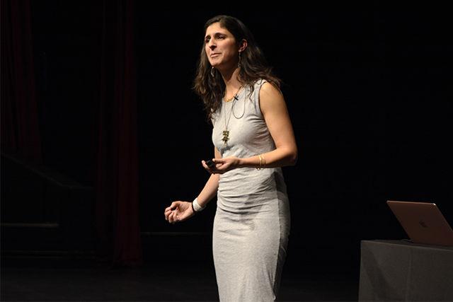 Nina Tandon, a biomedical engineer and a TED Senior Fellow, talks about the future of biology in Stewart Theatre on Tuesday. She told the audience about how technology could not only grow healthy tissue to replace diseased tissues, but also to grow sick tissue to explore how diseases work or even be used to build materials and create art.