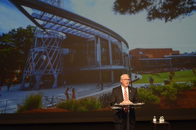Chancellor Randy Woodson addresses members of the NC State community during his annual State of NC State fall address in Stewart Theatre of Talley Student Union on Friday. Woodson's speech came towards the end of Red and White Week. Woodson spoke about a variety of things NC State has accomplished in the past year and about the direction in which the university is heading.