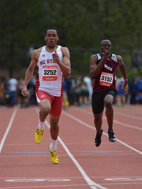 Then sophomore sprinter Jonathan Addison flies towards the finish line of the 100-meter dash during the 2014 Raleigh Relays at Derr Track March 28, 2014.&#160; Addison qualified for the finals with a personal best time of 10.72 seconds and finished fifth in the 200m dash finals with a time of 21.60. &#160;
