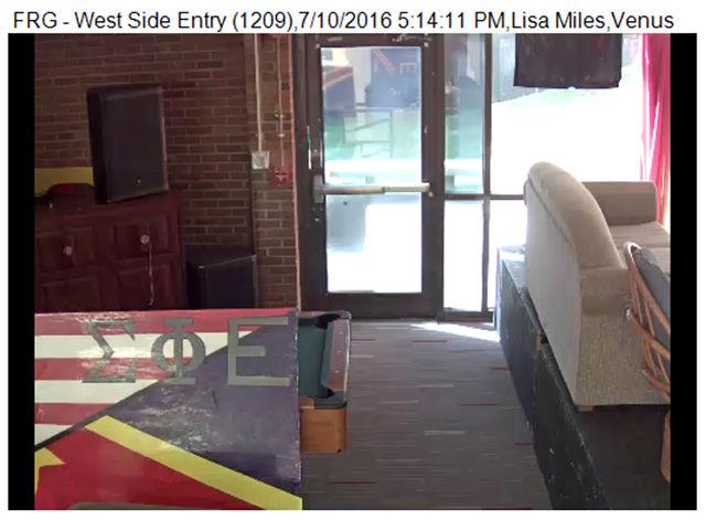 The view of one of the cameras in Sigma Phi Epsilon's house showing one of the exit doors. The fraternity asked that this view be zoomed in so that the common area would not be shown.&#160;