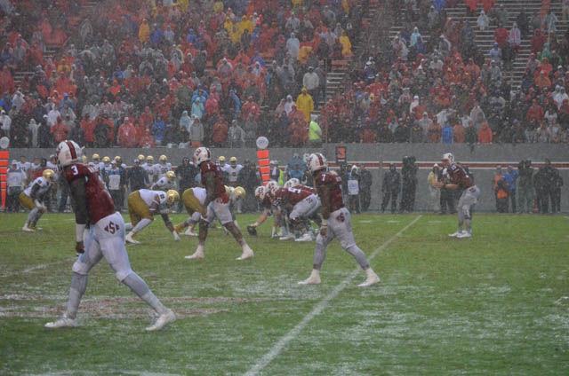 The Wolfpack lines up in a trips right formation against the Notre Dame Fighting Irish on Oct. 8. NC State won 10-3 in a hard fought game during Hurricane Matthew's pass through Raleigh. The game celebrated the 50th anniversary of the first game played in Carter-Finley Stadium in October 1966.