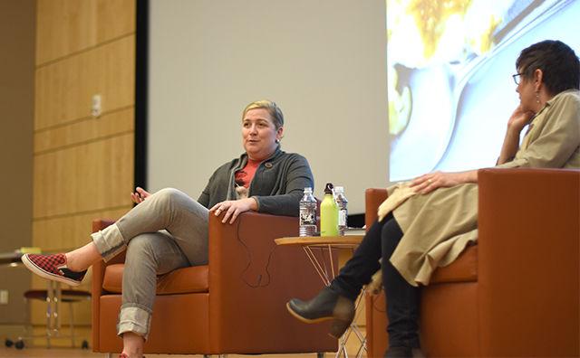 Chef Ashley Christensen, NC State class of '98 alumna, speaks in Hunt Library for Red and White Week. Christensen talked about her experience as a woman working as a chef. Christensen's new book &#8220;Poole's: Recipes and Stories from a Modern Diner&#8221; is available now.