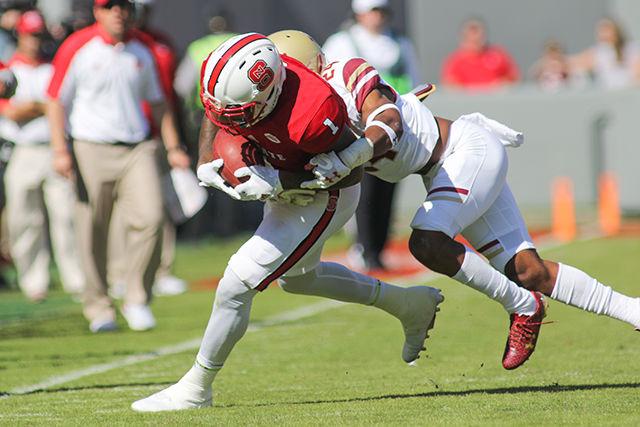 Junior tight end fullback hybrid Jaylen Samuels gets dragged out of bounds during a play that otherwise would have gone for a touchdown, but was called back with a penalty. Samuels had a quiet day going with only a couple of looks during the entirety of the game. The Wolfpack struggled on both sides of the ball during the 21-14 Homecoming loss to Boston College on Saturday in Carter-Finley Stadium.