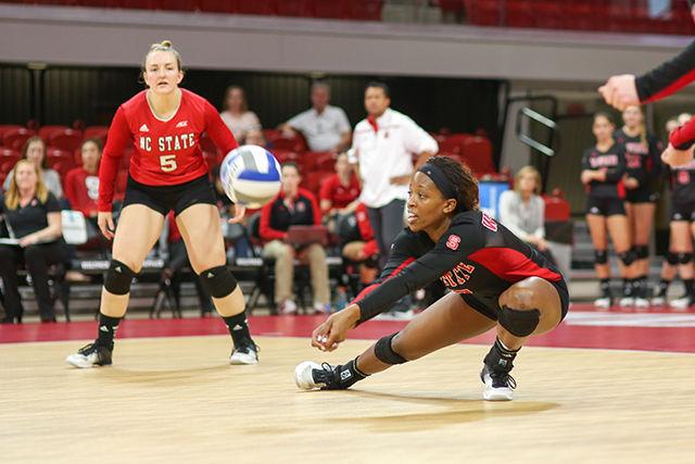 Junior outside hitter Perry Ramsey stoops down to return a serve. Perry had nine kills and 17 digs in the 3-1 loss to Florida State in Reynolds Coliseum on Sunday.&#160;
&#160;