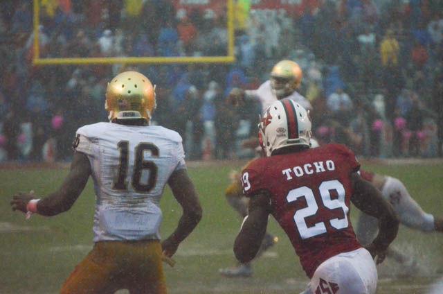 Graduate cornerback Jack Tocho defends Notre Dame wide receiver Torii Hunter Jr. in the football game on Oct. 8. NC State's defense held Notre Dame to 113 total yards in a 10-3 win. This week was also the 50th anniversary of the first game played in Carter-Finley Stadium.