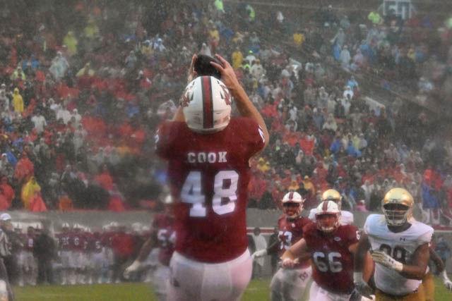 Cole Cook, a junior tight end, catches a pass in the endzone on Oct. 8 at Carter-Finley Stadium. There was a flag on the play and the touchdown was not counted. The Wolfpack defeated the Fighting Irish 10-3.