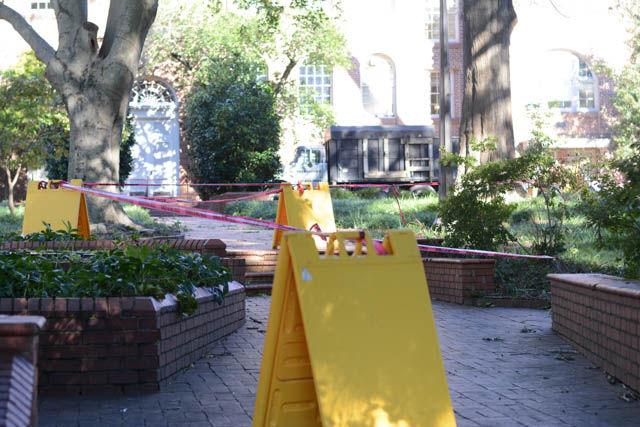 Mary Yarbrough Court closed off to students after the passing of Hurricane Matthew. Workers showed up during the day to clean up the mess left over from fallen branches and trees.