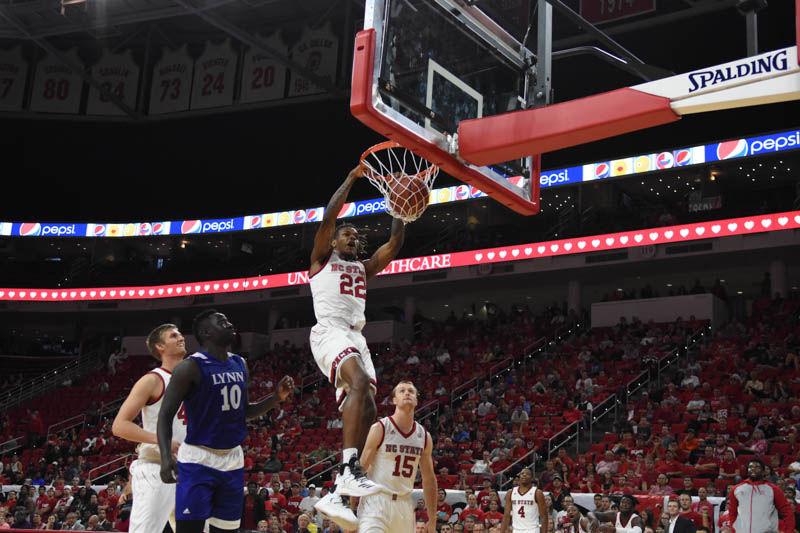 Shaun Kirk, a sophomore forward, puts up two of his 11 points for the Wolfpack in PNC Arena on Thursday. The Wolfpack won 100-66.