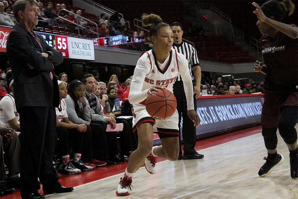 Freshman guard Lucky Rudd makes a drive for the basket at the women's basketball game against Maryland Eastern Shore in Reynolds Coliseum on Monday. Rudd played for a total of 15 minutes during the game. The final score was 77-58 in favor of NC State.