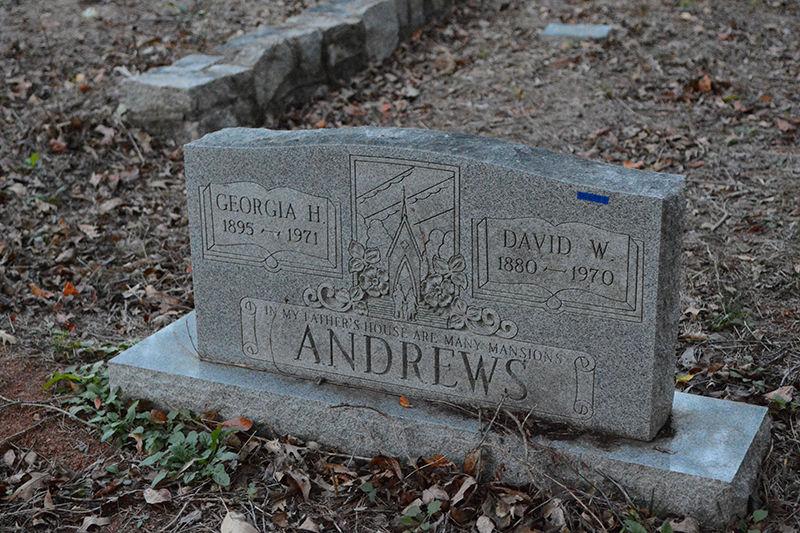 The granite headstone of Georgia H. Andrews (1895-1971) and David W. Andrews (1880-1970) is located at Oberlin Cemetery Friday. The Andrews headstone is the most recently dated monument in the original Oberlin section.