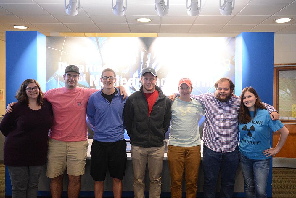 Executive board of the Women in Nuclear Engineering. Rebeka Gottfried (left), Matt Ingram, Pete Ciaccio, Taylor Capoziello, Ryan Walden, Nicholas Herring and Amber Robinson (right) are seniors studying nuclear engineering.