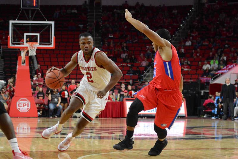 Redshirt sophomore guard Torin Dorn drives to the basket for a layup during the NC State men's basketball game against St. Francis Brooklyn College on Nov. 13, 2016 in PNC Arena. Dorn scored a massive 21 points against the Terriers and went nine for eleven from the freethrow line in the Wolfpack's 86-61 win.
