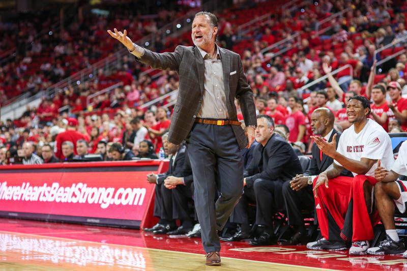 Head coach Mark Gottfried questions the refs on an out of bounds call, leading to an overturn in the direction during the 86-61 win over St. Francis Brooklyn in PNC Arena on Nov. 13, 2016.