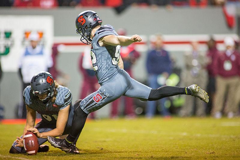 Sophomore kicker Kyle Bambard kicks an extra point. Bambard was given the opportunity to kick a field goal, but missed, giving the job to Connor Haskins. The Wolfpack fell to Florida State 24-20 on Saturday in Carter-Finley Stadium.