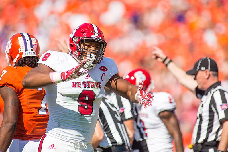 Junior defensive end Bradley Chubb celebrates after a big stop. The Wolfpack suffered a heartbreaking 24-17 overtime defeat at Death Valley in Clemson, South Carolina on Oct. 15.