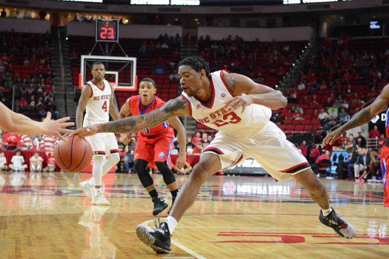 Freshman forward Ted Kapita reclaims the ball after nearly losing control at the basket. Kapita scored 17 points and had a team-high 8 rebounds, making his excellent debue in the NC State 86-61 win over St. Francis Brooklyn College in PNC Arena on Nov. 13, 2016.
