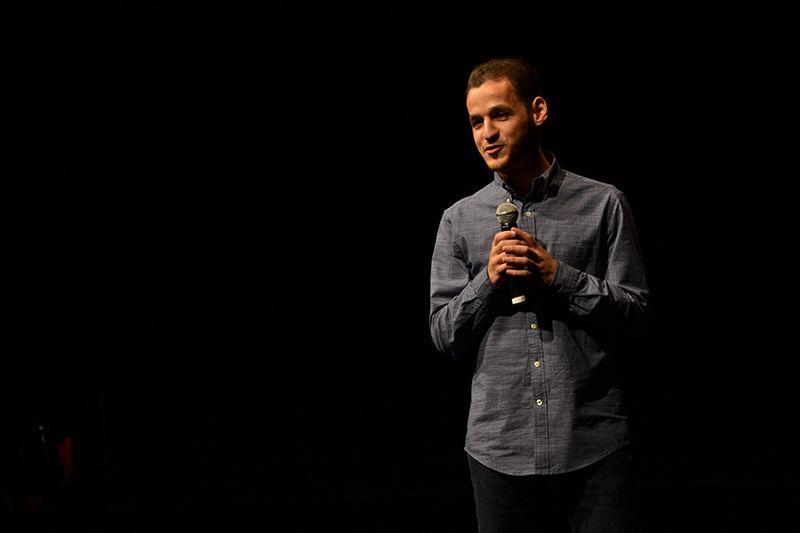Ahmed Mashal, a senior studying chemistry and a Syrian native, gives his presentation about finding a place to call home during the Think and Do in 2: Global Storytelling Competition held in Stewart Theater on Wednesday. Mashal won second place in the competition with his talk titled "Global Citizen."