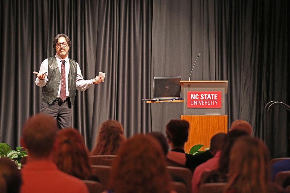 The Goodnight Scholars distinguished speaker Fredi Lajvardi speaks in Talley Student Center about his past high school students, who, despite being undocumented immigrants, were able to build a robot which beat that of MIT. Lajvardi stated that "though those four boys [his students] struggled and only one got the American dream, they opened the doors for so many more." He continued to advocate for STEM and for diversity within STEM. When speaking to the future teachers in the audience he commented that the biggest thing missing was the ability to inspire and motivate the students and, of himself, thought "instead of a teacher, I became an obstacle remover. I prefer the term facilitate."