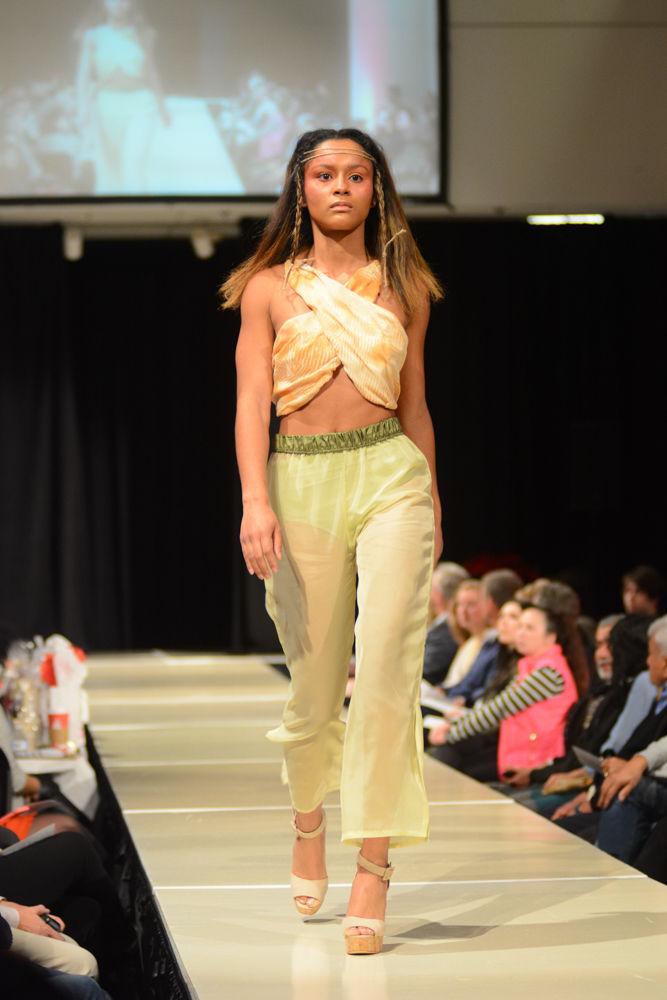 A model walks the runway at the COT Threads Senior Showcase held at the College of Textile on Dec. 3 2016. The designer, Anna Page, created the collection "When Land Meets Sea" through an inspiration of the coast, horizon, and the sea. Her collection is meant to be worn by the modern woman who loves to travel and get out of her comfort zone, yet still be stylish.