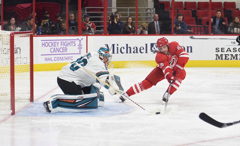 Hurricanes forward Elias Lindholm puts a shot on Sharks goalie Aaron Dell during the 1-0 win on Nov. 15. Lindholm had 19 minutes of ice time and one shot on goal.&#160;