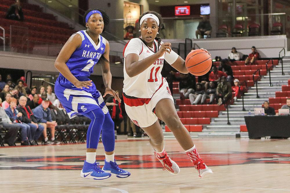 Senior forward Jennifer Mathurin drives to the interior. Mathurin had 10 points along with six rebounds and four assists. The Wolfpack took down Hampton 81-56 in Reynolds Coliseum on Nov. 16.