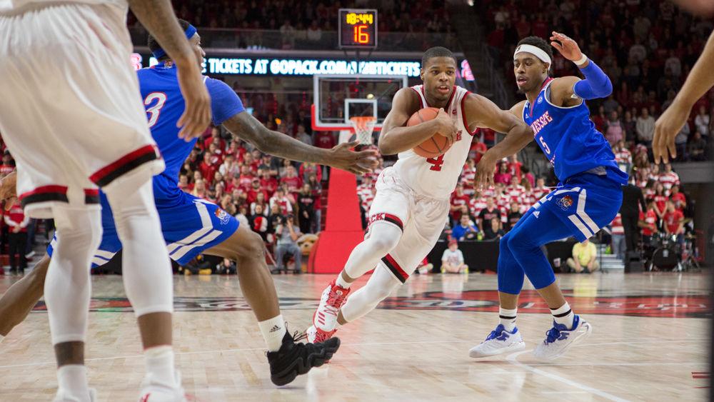 Freshman guard Dennis Smith Jr brings the ball through the Tennessee defense during the 67-55 overtime win in Reynolds Coliseum on Dec. 10, 2016.