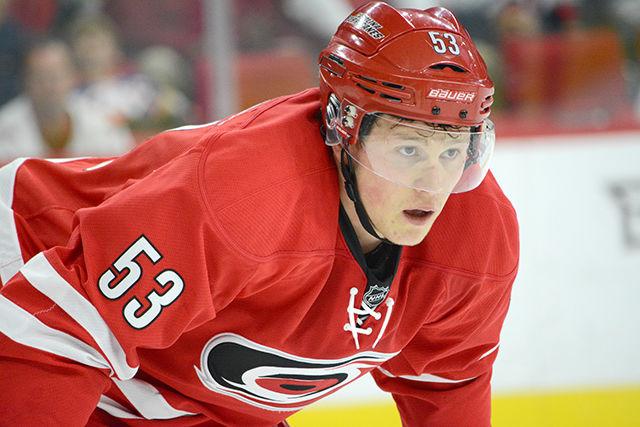 Jeff Skinner, Hurricanes left wing, watches for the faceoff. Skinner had seven shots at goal, and scored one point during the game. The New York Islanders defeated the Carolina Hurricanes at home in overtime, 4-3, in PNC Arena on March 26.