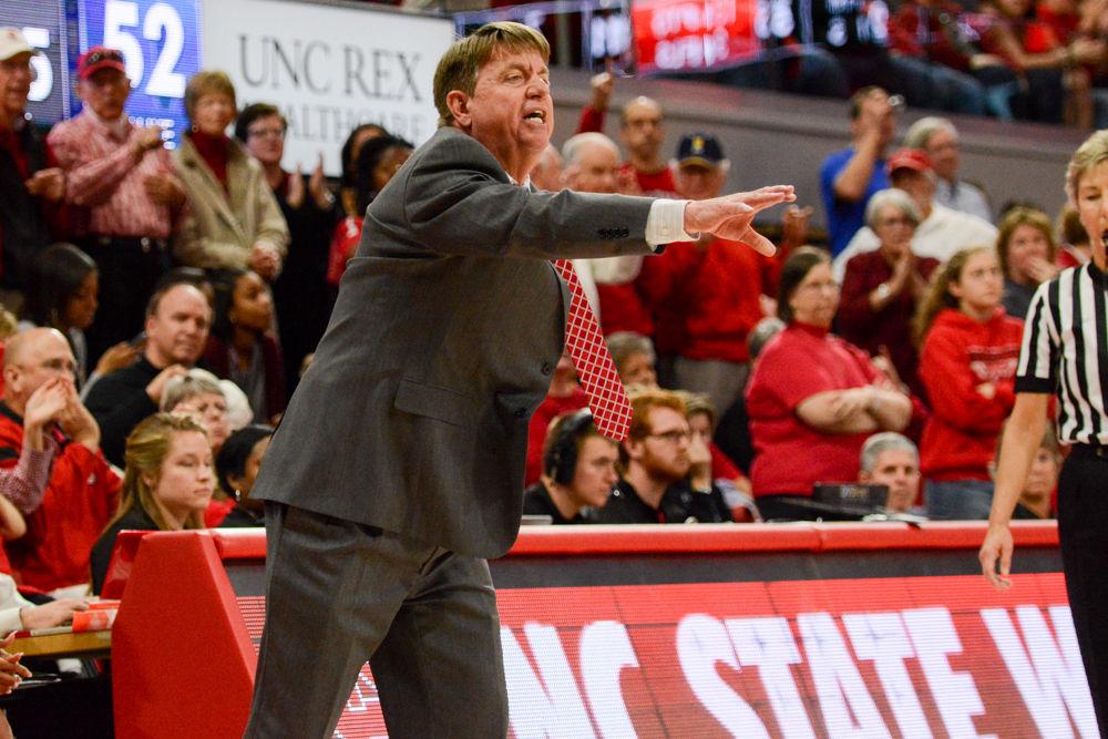 Women's basketball head coach Wes Moore calls instructions to his team during the NC State vs. Duke game on Jan. 15. The Wolfpack defeated the Blue Devils 55-52 and improved to 14-5 after playing the tough ACC match-up in Reynold's Coliseum.