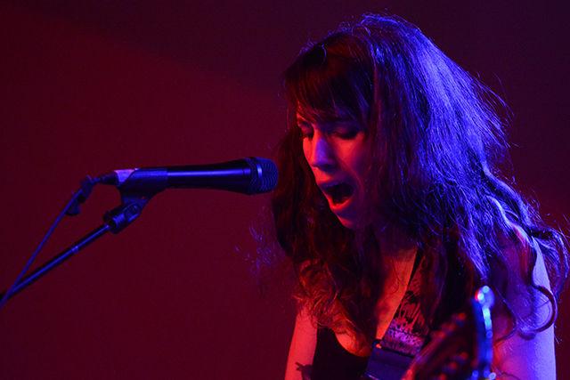 Aim&#233;e Argote, lead vocalist for Des Ark, sings during the Double Barrel Benefit for WKNC. The event, which raised money for the college radio station, was hosted at King's downtown Raleigh on Saturday, Feb 13, 2016.