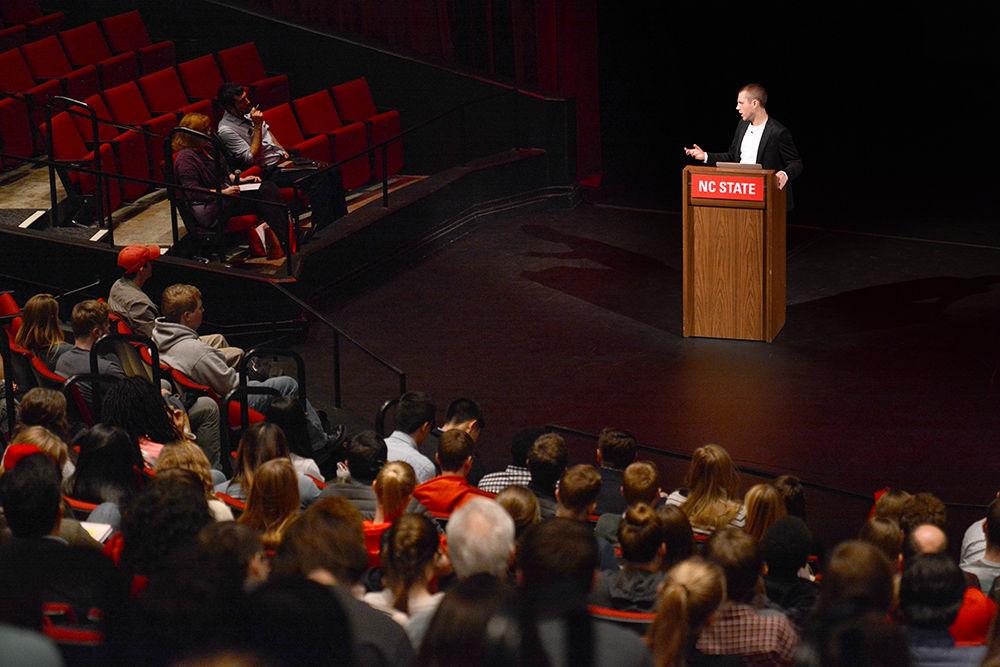 During the question and answer session following his talk on material self-assembly, repair and replication, Skylar Tibbits answers a question about what implications his lab's work could have on third-world nations. Tibbits, who has an undergraduate degree in architecture and a graduate degree in computer science and design computation, spoke in Stewart Theatre on Jan. 30 as part of the Goodnight Scholars Program in front of a sizable crowd on the work of the MIT Self-Assembly Lab.