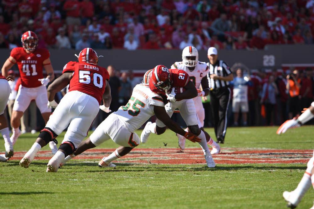 Senior running back Matt Dayes played his last game in Carter-Finley Stadium on Saturday against the University of Miami. Dayes broke 1,000 rushing yards for this season in his last home game. The Wolfpack lost to the Hurricanes 27-13.
